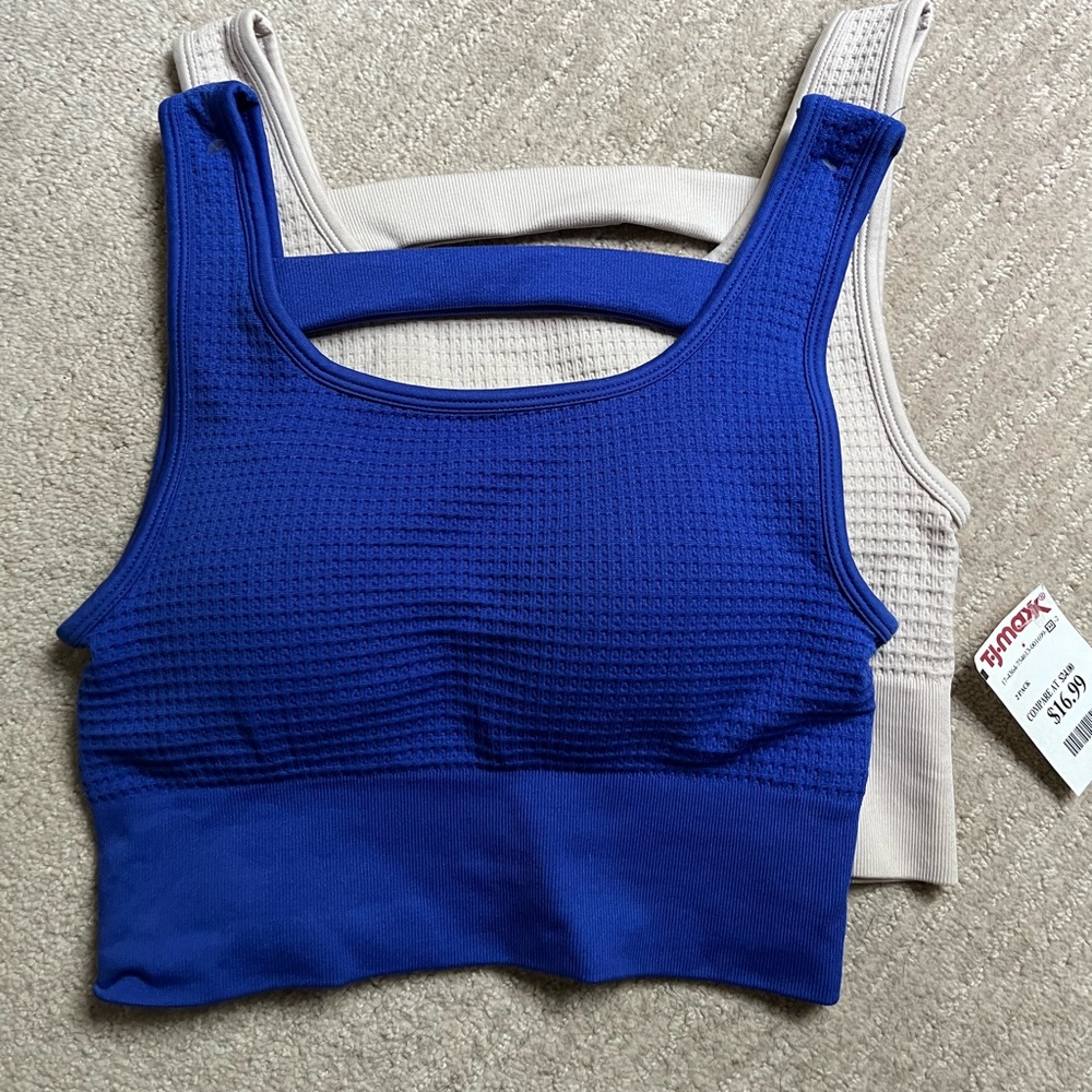 Set of 2 Yogalicious Waffle Seamless Bra, one royal blue, one beige, size S